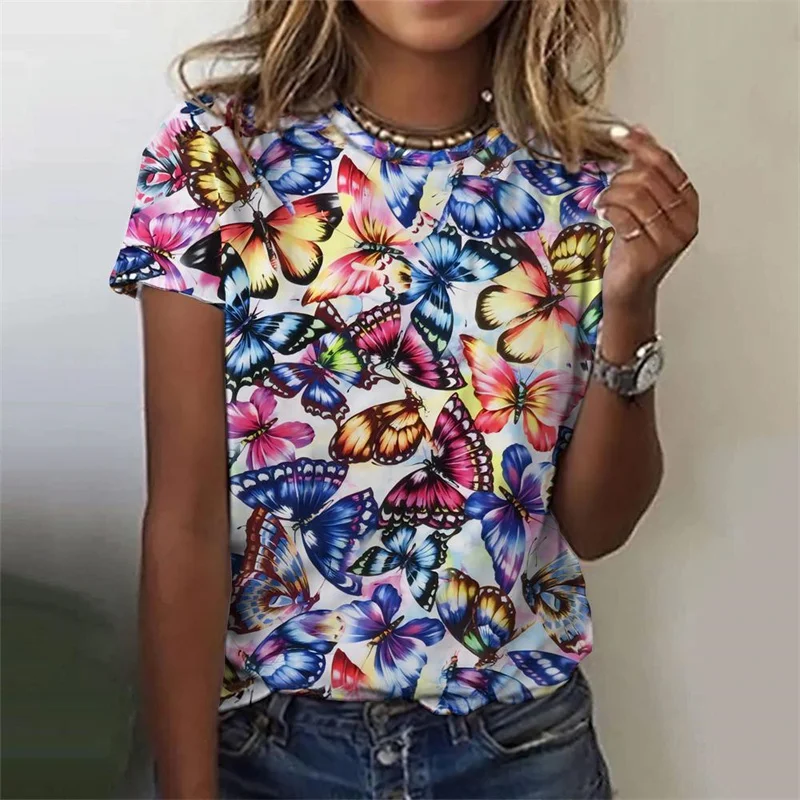 3D Printed Butterfly T-Shirt For Women Colorful Insects Pattern Tees Summer Casual Short Sleeve Round Neck Tops Loose T Shirts