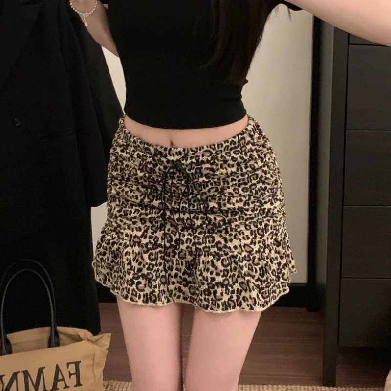 

Юбка с запахом и леопардовым принтом в американском стиле ретро, утягивающая юбка трапециевидной формы с высокой талией, плиссированная женская юбка длиной до формы