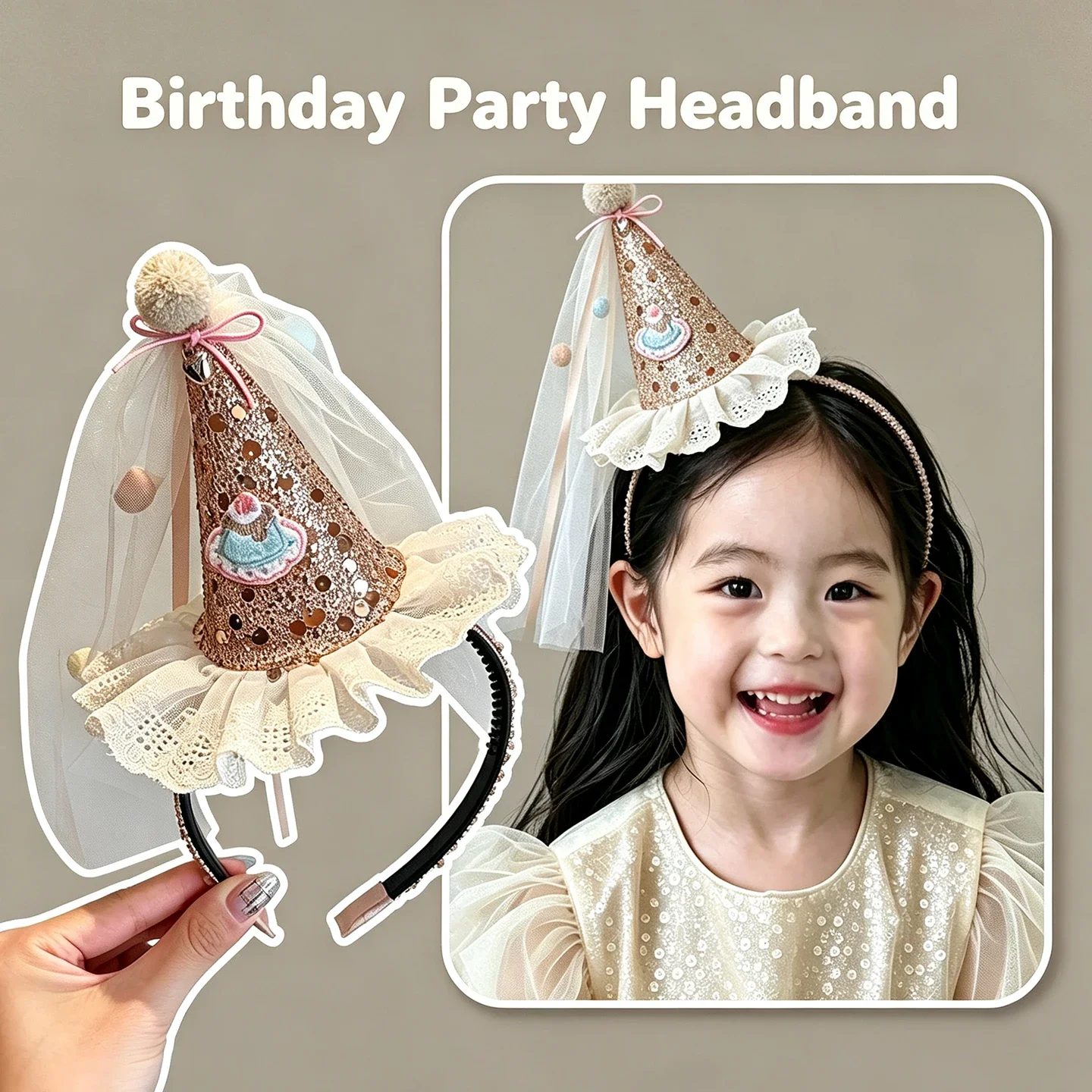 Kids Birthday Party Cone Hat Headband Tulle Veil Feather Sequin Bowknot Pearl Decor Hairband Girls Princess Birthday Photo Props