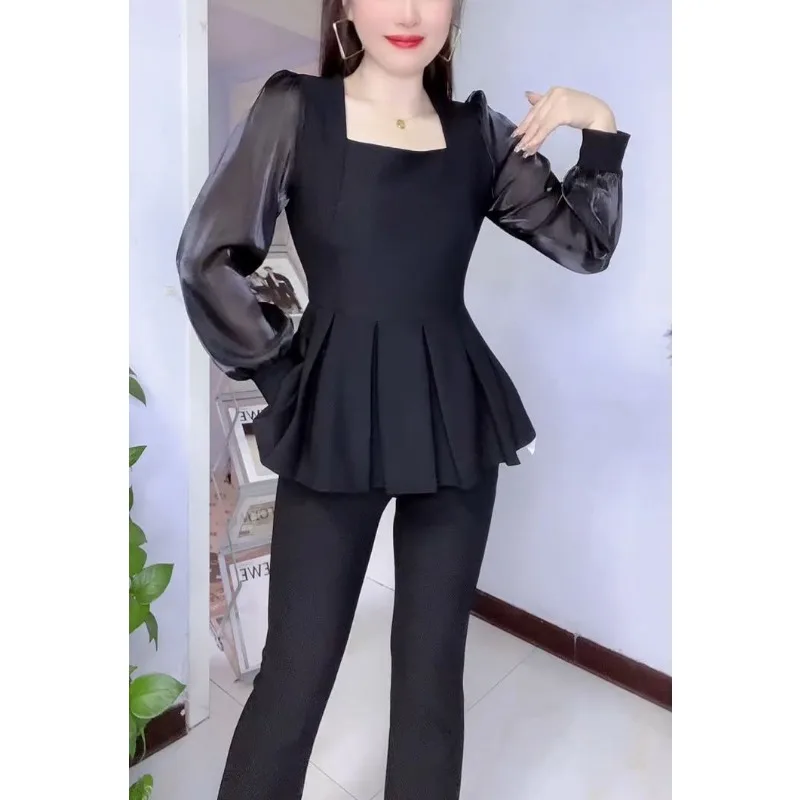 Damska koszulka z długim rękawem 2025 Nowa Moda Uniwersalna Dopasowana Bluzka z Kwadratowym Dekoltem