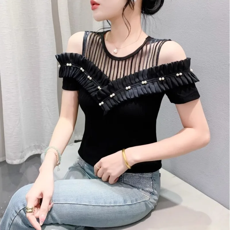 

#7158 Summer Off Shoulder T Shirt Women Split Joint Ruffles Pearls Mesh Hollow Out Sexy Party Club Short T-shirt Slim Tee Shirt