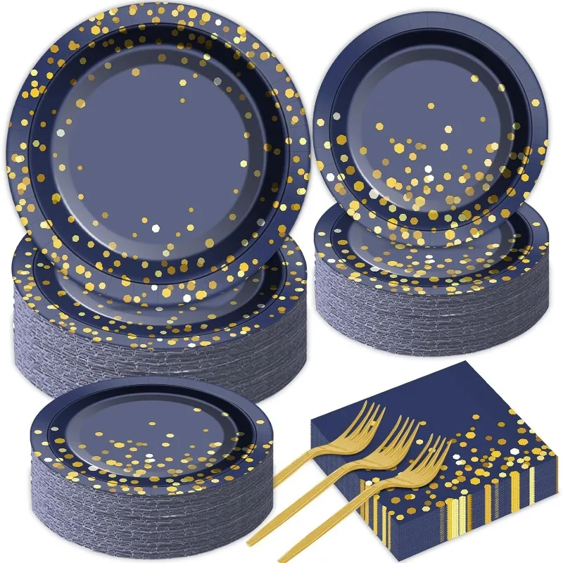 

50 Guests Blue and Party Supplies Tableware Set Gold Dot on Blue Paper Plates Napkins Disposable Paper Plates Graduation Table