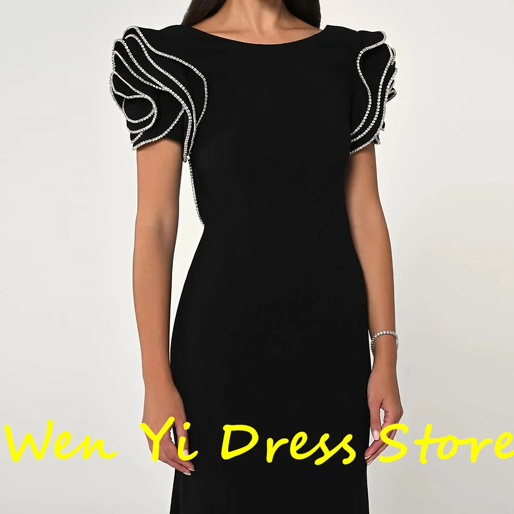 Elegant Party Dresses Woman Floor Length Straight Jersey Short Sleeves Pleats Solid Black Crew neck Bespoke Occasion Gowns 2024