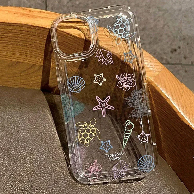 Ocean Shell Turtle Print Clear Soft Phone Case for IPhone 16 14 15 11 12 13 Pro Max 7 8 Plus SE 2022 XR X XSMAX Shockproof Cover