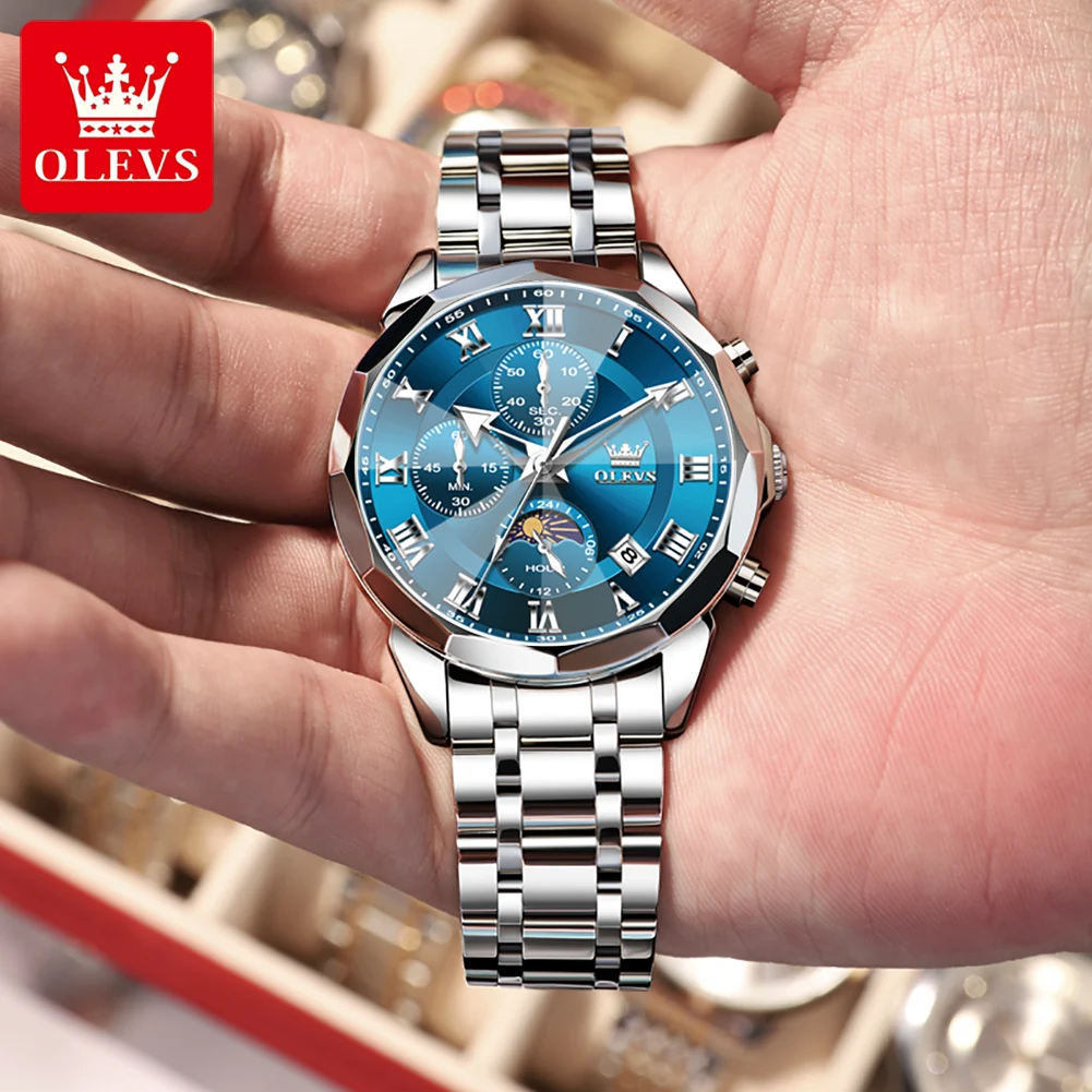 OLEVS 3675 ساعة رجالي أصلية متعددة الوظائف ساعة كوارتز بكرونوغراف كلاسيكية مرحلة القمر التقويم نافذة الساعات للرجال #3