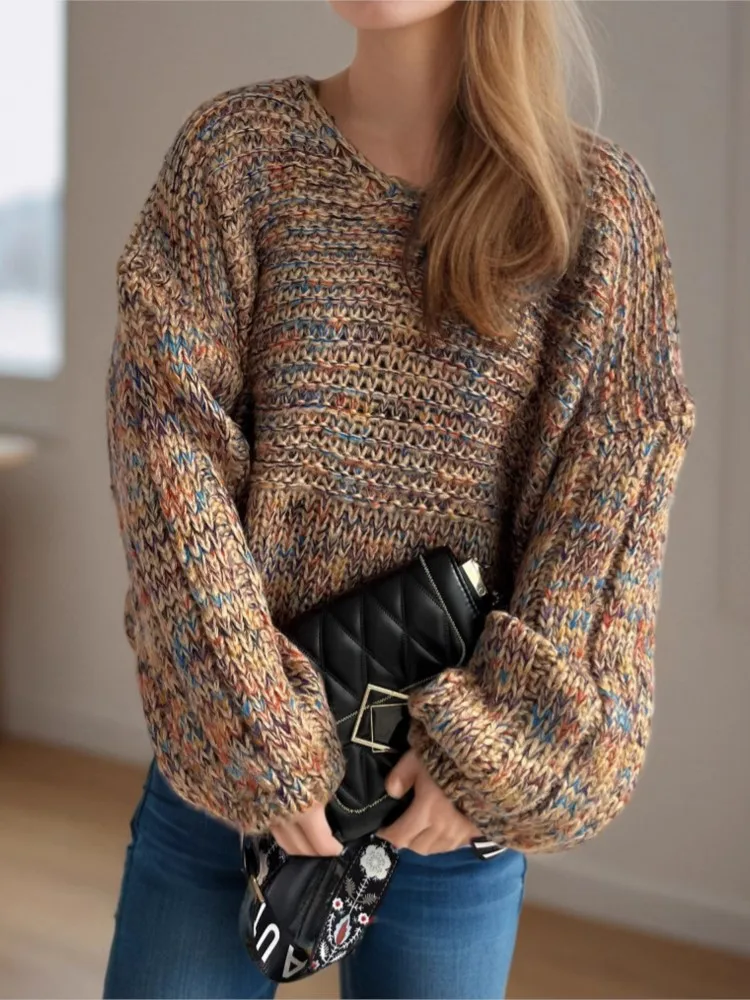 

2025 Retro Autumn And Winter Round-neck Pullover Sweater Women's Casual Moneged Stitching Versatile Long-sleeved Knitwear Top