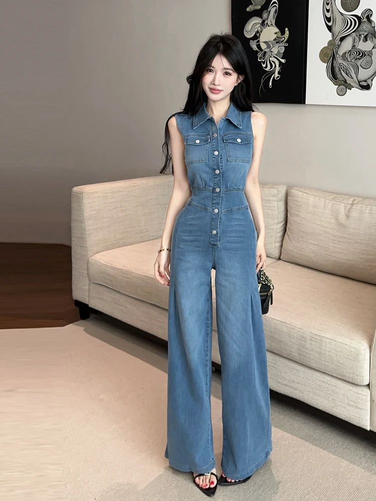 Fashionable Slim Fit Denim Overalls with High Waist Wide Leg Pants Single Button Design Sleeveless Collared Vintage Style