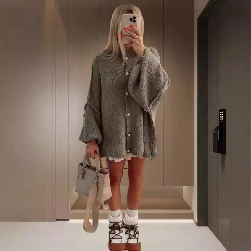 

Casual Metal Button Pure Color Batwing Sve Open Cardigan Sweater Cleanfit Sle Thiened Winter Women's Faion Knitwear