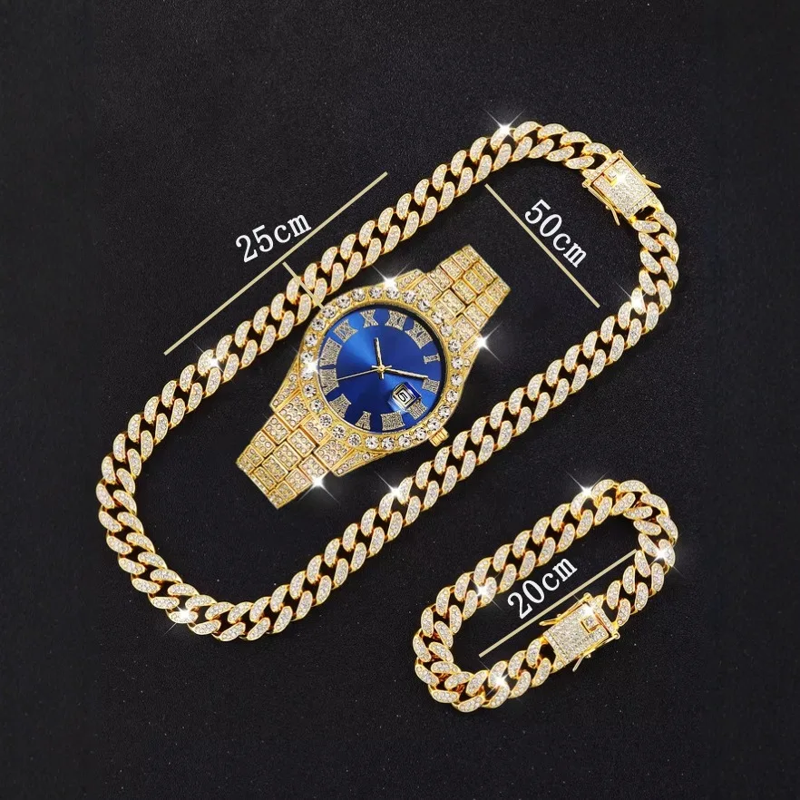 DIY accessories Trendy men's and women's jewelry exaggerated hip-hop metal big gold Cuban chain watch set annual meeting party h