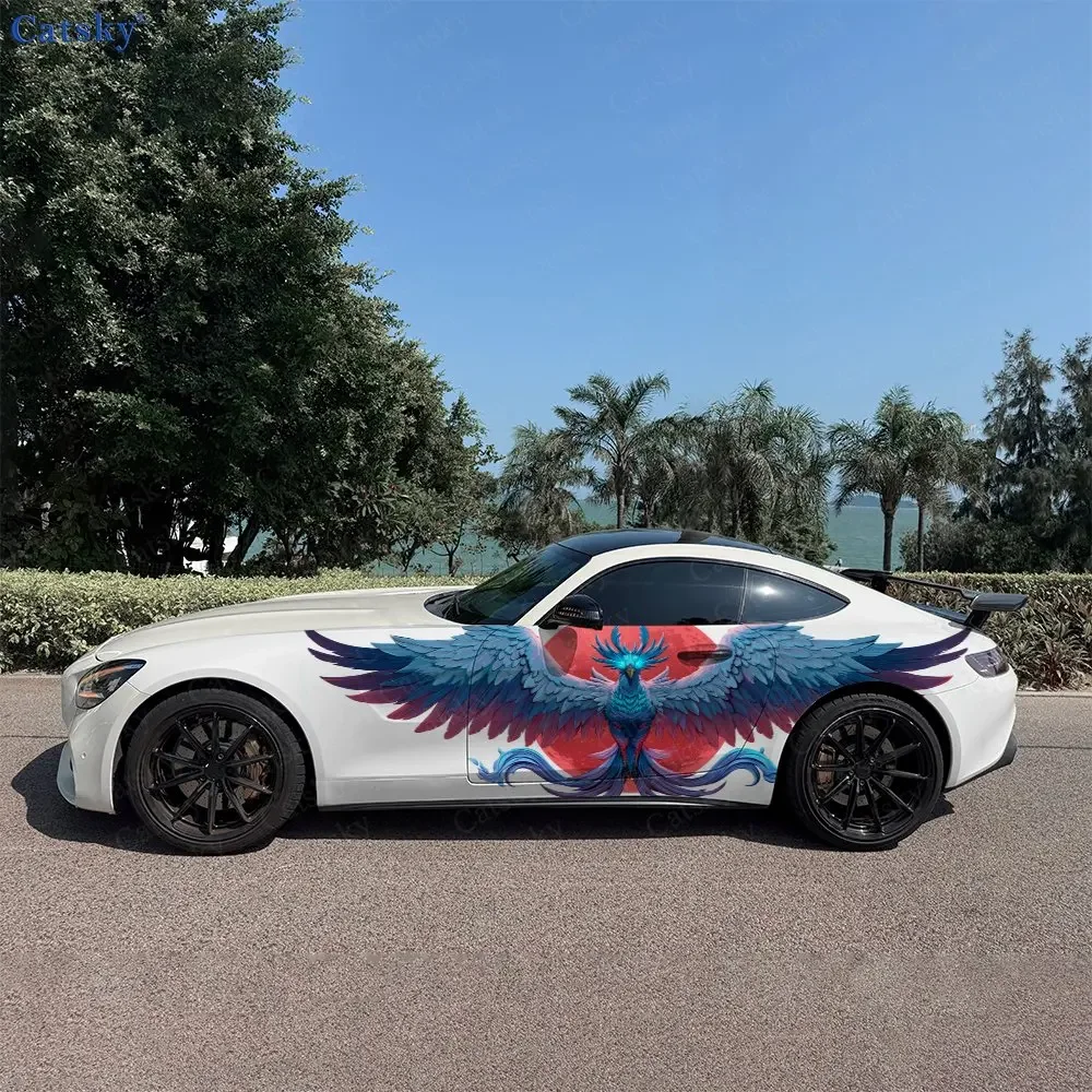2pcs Red Sun Blue Phoenix Car Side Wraps, Self-Adhesive PVC Waterproof & Scratch-Resistant Stickers, Car Accessory Gift