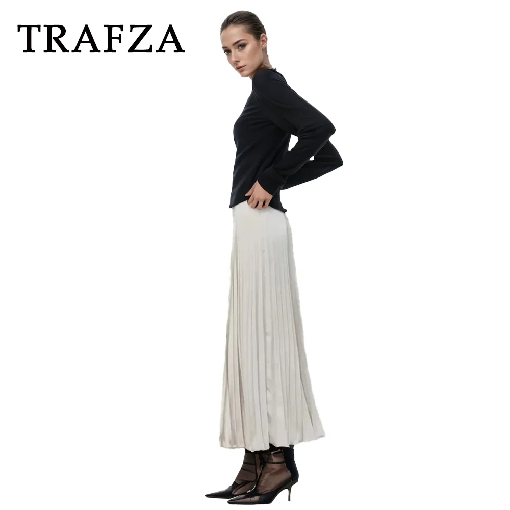 TRAFZA 2024 Spring Summer Casual Folds Long Skirts Fashion Vintage Solid Satin Oversized High Waist Chic Elegant Lady Skirts