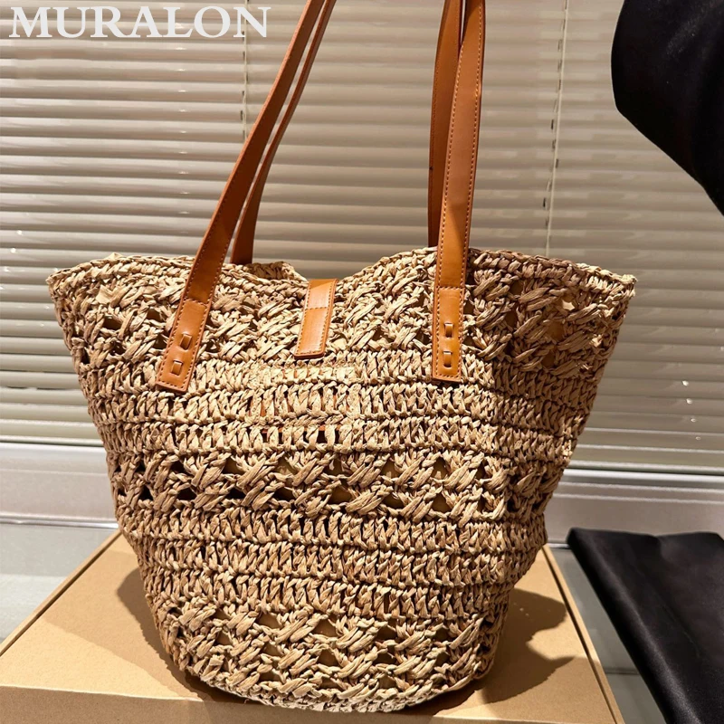 

French Retro Handmade Weaving Vegetable Basket Hollow Underarm Straw Large Capacity Vacation Beach Bag Fashion Lady Shoulder Bag