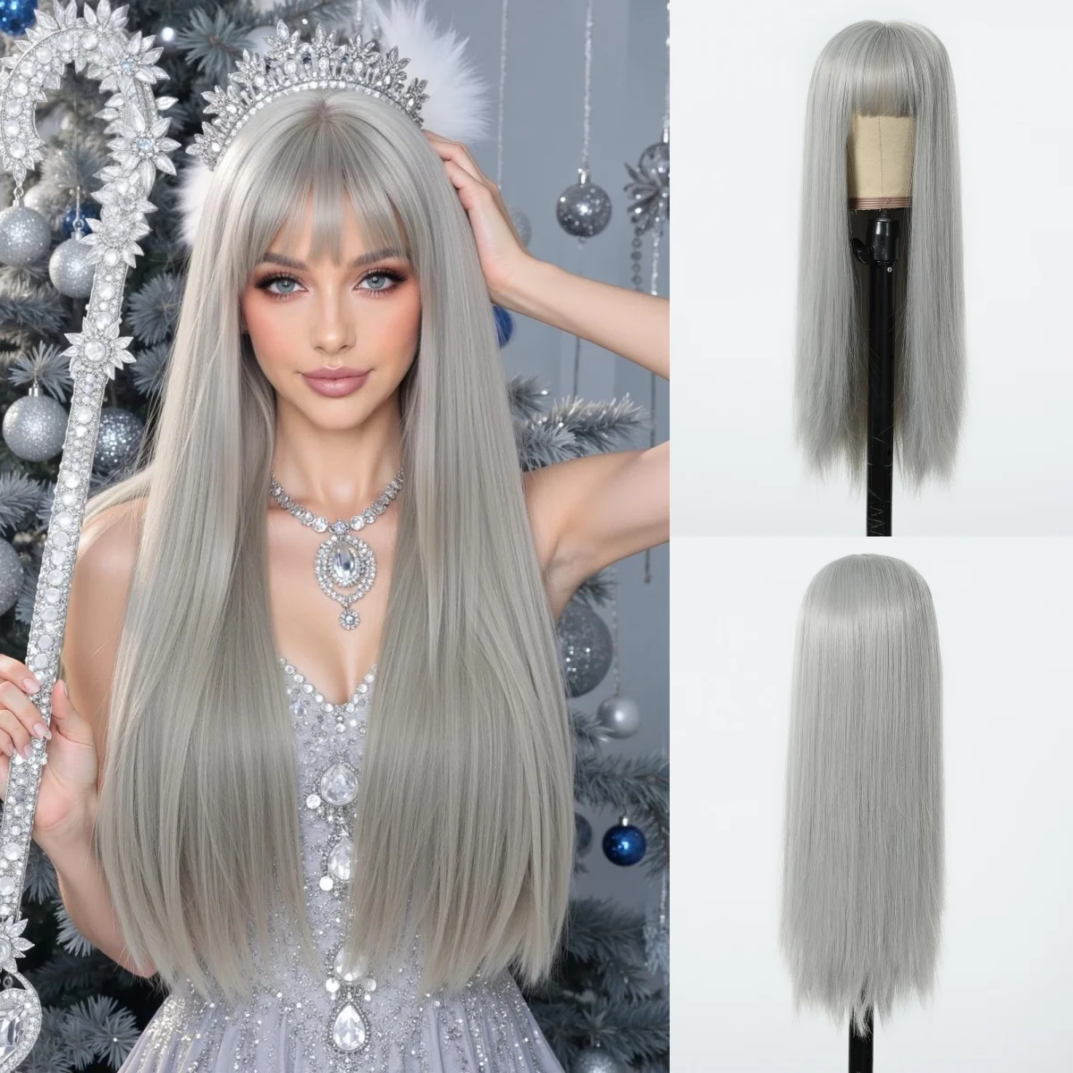 

Grey Straight Synthetic Wigs with Bangs Long Wig for Women Christmas Party Daily Use Naturally Hairline Heat Resistan Fiber