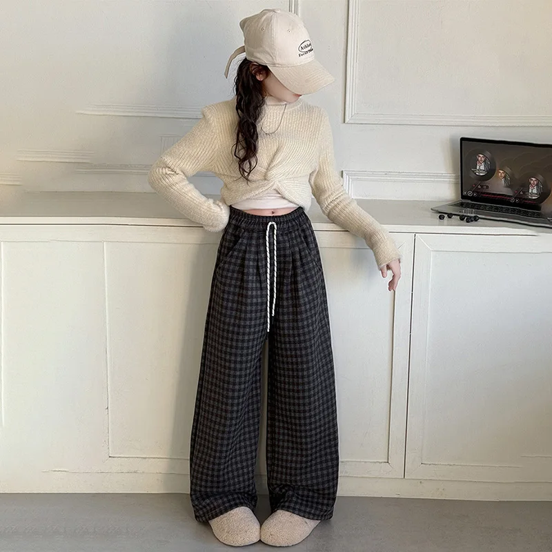 Girls Autumn Winter Thickened Warm Wide Leg Pants 5-14 Years Kids Grid Casual Straight Trousers Comfortable Sweatpants