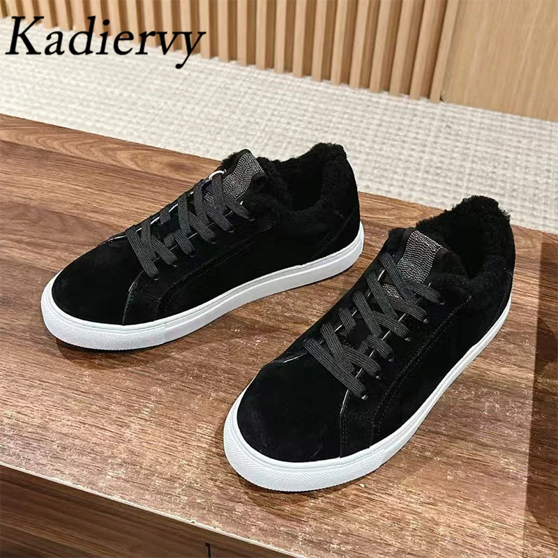 

Winter Casual Sneakers Women Round Toe Lace Up Flat Shoes Woman String Bead Suede Running Shoes Wool Warm Women's Sports Shoes