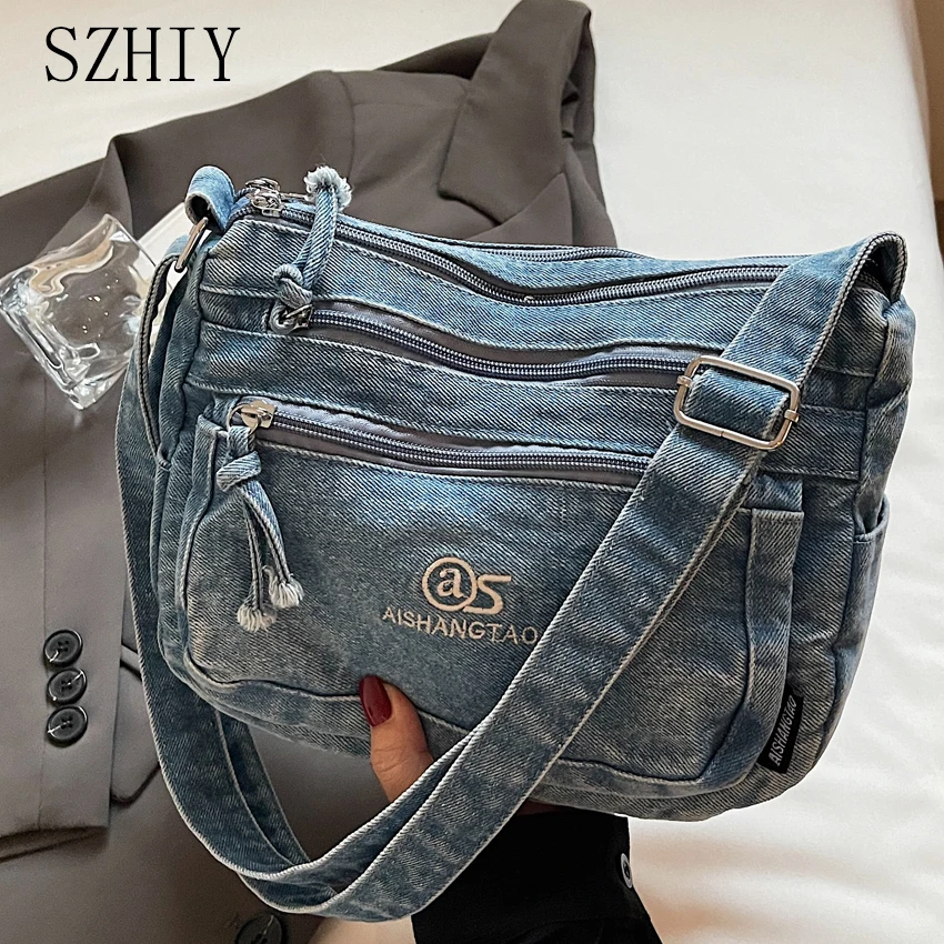 

Fashion Denim Bag Women Shoulder Bag Soft Denim Cool Diagonal Cross Bag Travel Multiple Zipper Pockets Mobile Wallet Bolso Lujo