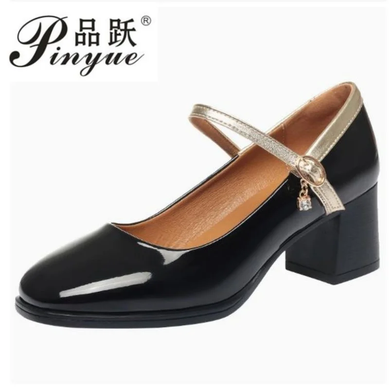 

5.5cm Vintage Shallow Bright Leather Mary Jane Women Spring Med Block Heels Shoes Black Beige For Office Dance Mom Fashion 35-41