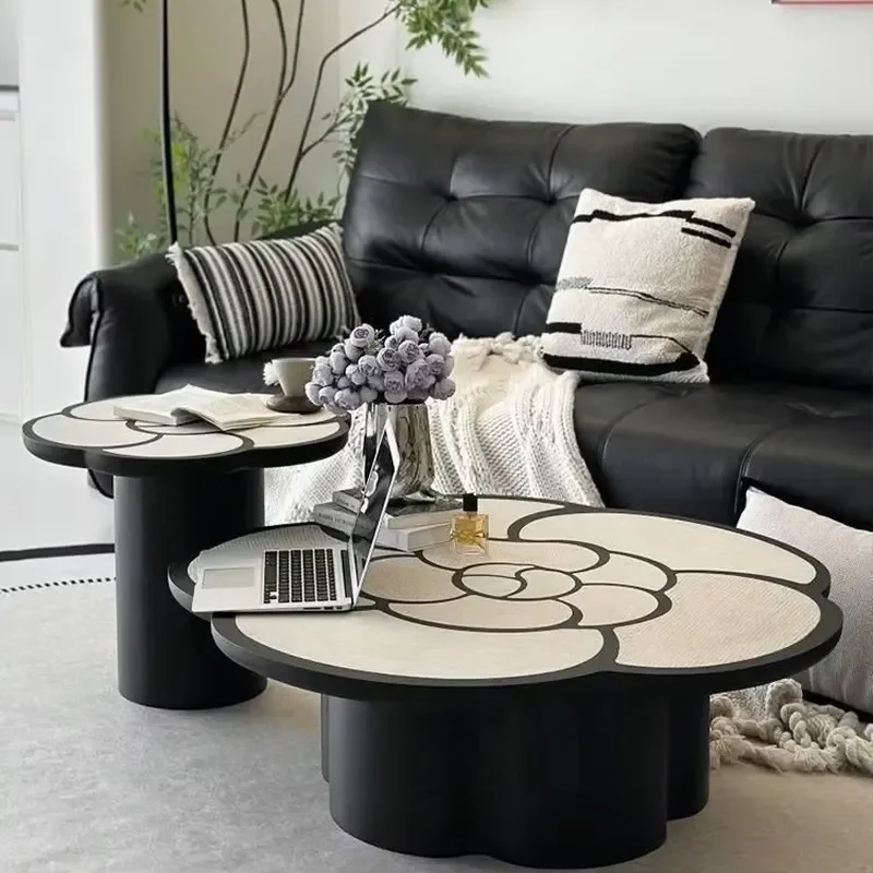 Mid-century Camellia Shaped Wood Coffee Table Retro Textured Light Adjustable Height Easy Assembly Side Table for