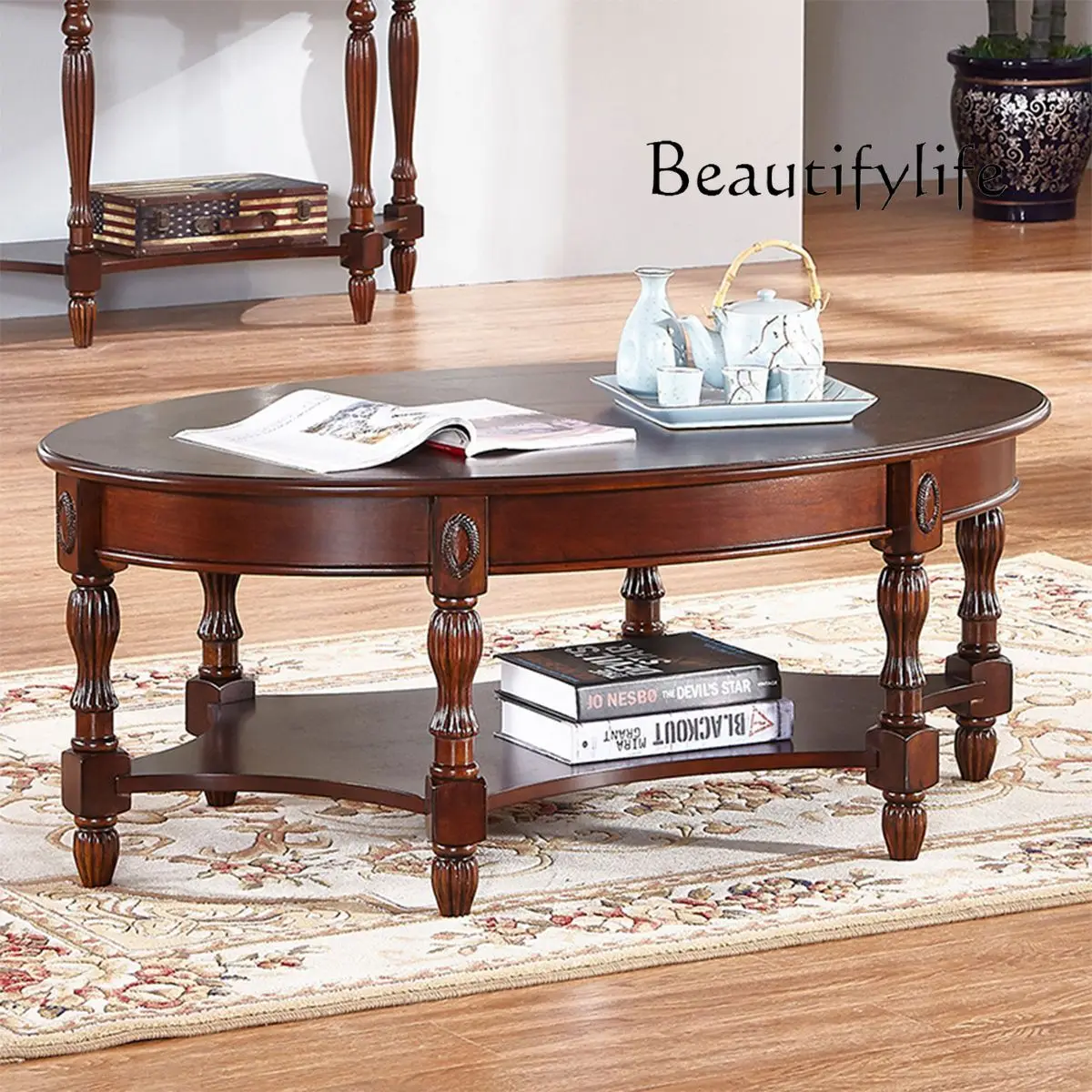 American Solid Wood Oval Coffee Table with Baseboard Coffee Table American Solid Wood Coffee Table