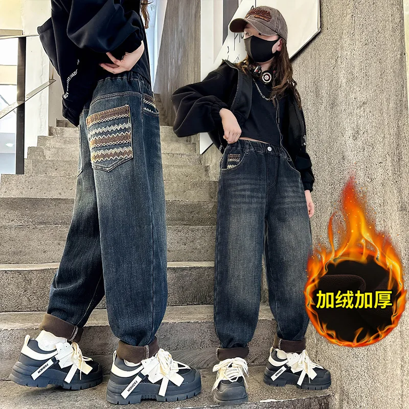 أزياء الفتيات صوف مبطن الجينز الخريف الشتاء نمط جديد متوسطة إلى كبيرة الاطفال سميكة الدافئة سراويل جينز ملابس الأطفال #1