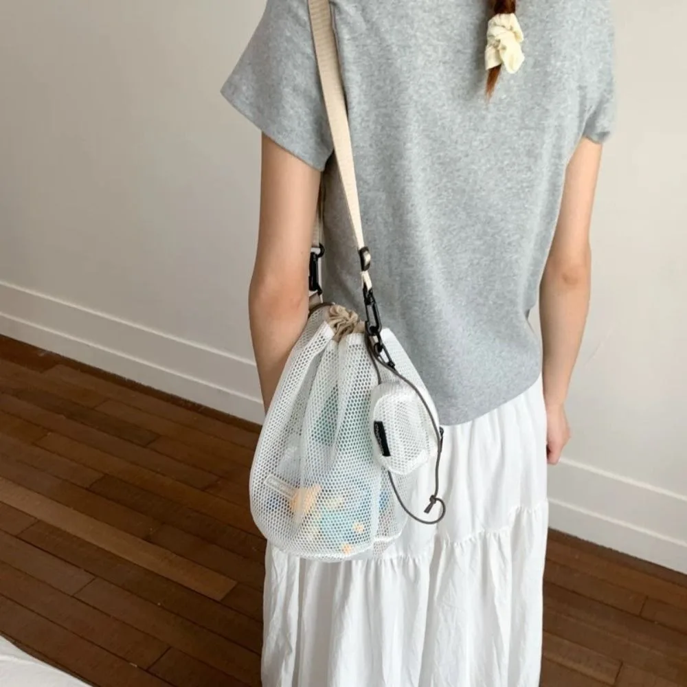 

Korean Style Drawstring Bucket Bag Pendant with Coin Purse Mesh Shoulder Bag Transparent Wallet Bags Mobile Phone Bag Men