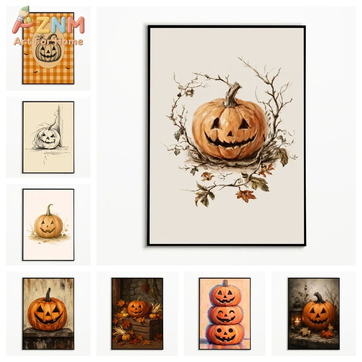 AZNM Vintage Jack O Lantern Canvas Wall Art Set of 8 Pumpkin Halloween Sketch Print Poster Retro Fall Autumn Farmhouse Seasonal