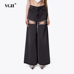 VGH Solid Spliced Diamonds Hollow Out Denim Wide Leg Pants For Women High Waist Patchwork Pocket Minimalist Trousers Female New