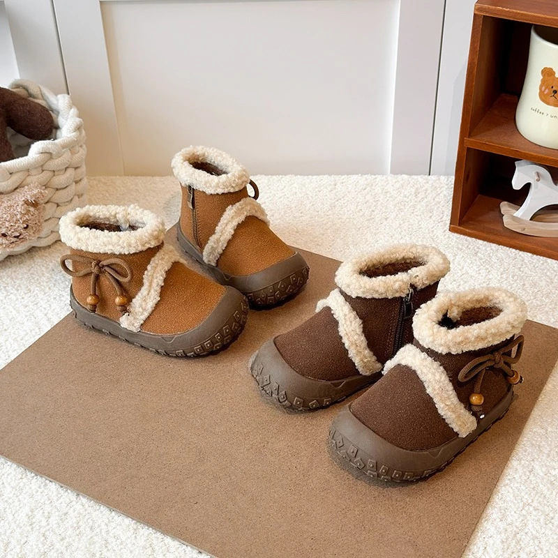 

2025 Fashion Children's Patchwork Cotton Boots New Winter Girls Causal Furry Boots Warm Round-toe Kids Bowknot Ankle Boots Soft