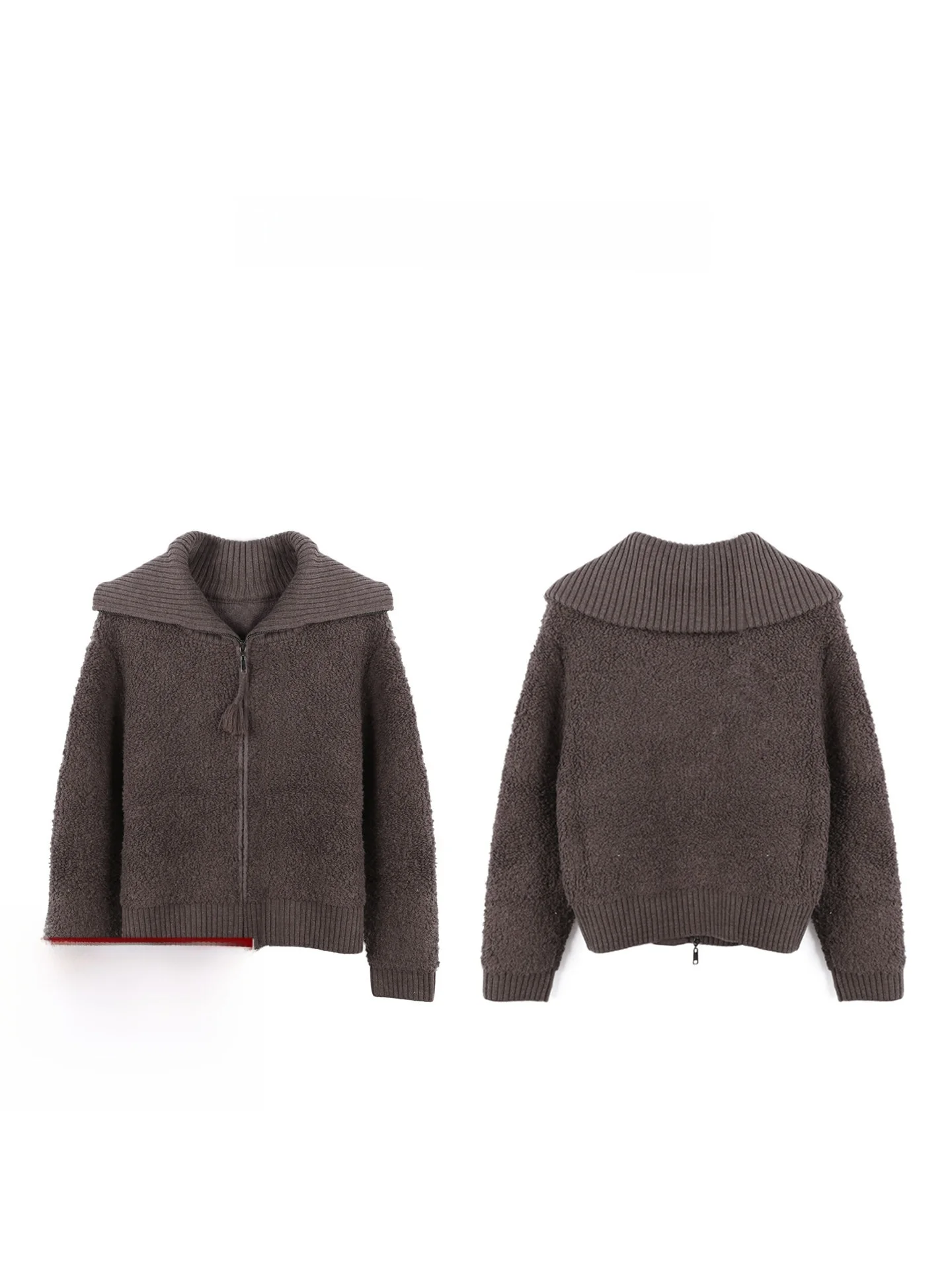 

Deessesicile Coffee Colored Woolen Knitted Sweater with Large Collar Tassel Open Cardigan Soft Warm Winter Fashion for Women