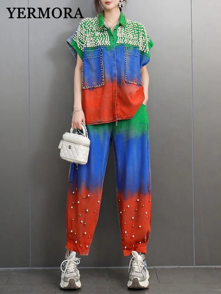

YERMORA Women Two Pieces Set Colorful Denim Blouse Lapel Short Sleeve Fashion Wide Leg Pants Tide Srping Summer 2025 A882