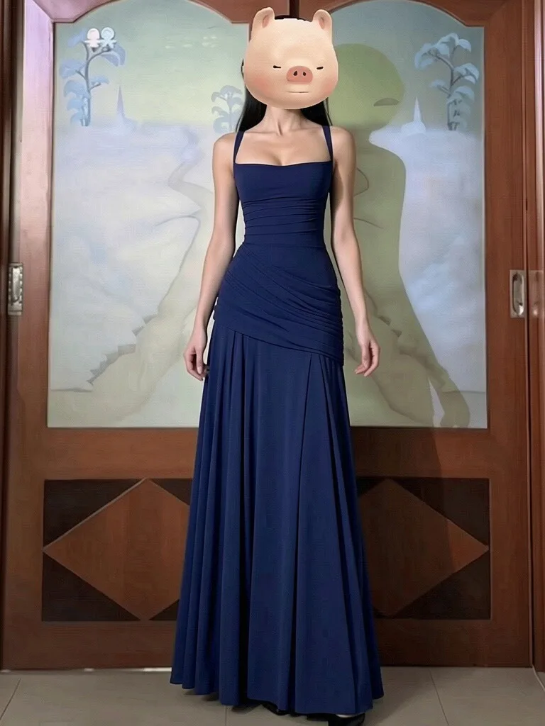 Elegant French Style Gown with Drawstring Waist Puff Skirt Slimming A-Line Silhouette Breathable Polyester Fabric No Sleeve