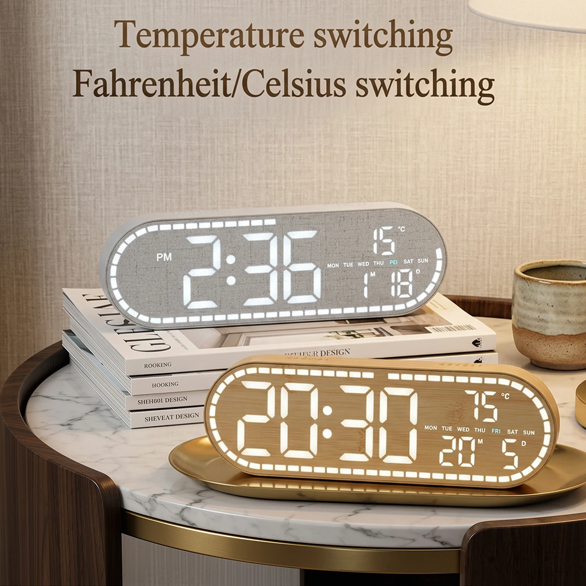 Horloge de bureau LED avec alarme, affichage de la température et de la date, luminosité réglable, horloge murale numérique pour la décoration de la chambre, format 12/24H