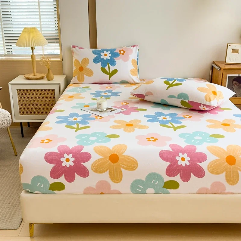 Colorful Floral Fitted Sheet Set 100% Cotton Thickened Flowers Printed Bedding Set Soft Breathable Deep Pocket Mattress Cover