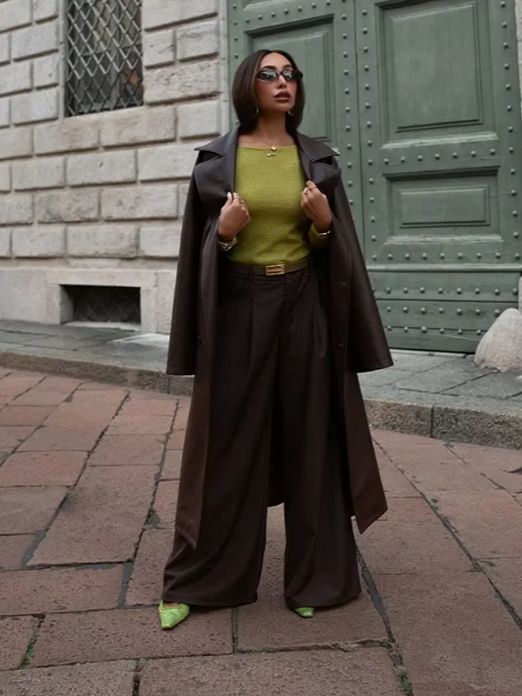 المرأة شيك الدانتيل يصل معطف جلد عادية التلبيب الخصر Cinching واحدة الصدر سترات طويلة موضة 2025 سيدة التنقل اليومي أبلى