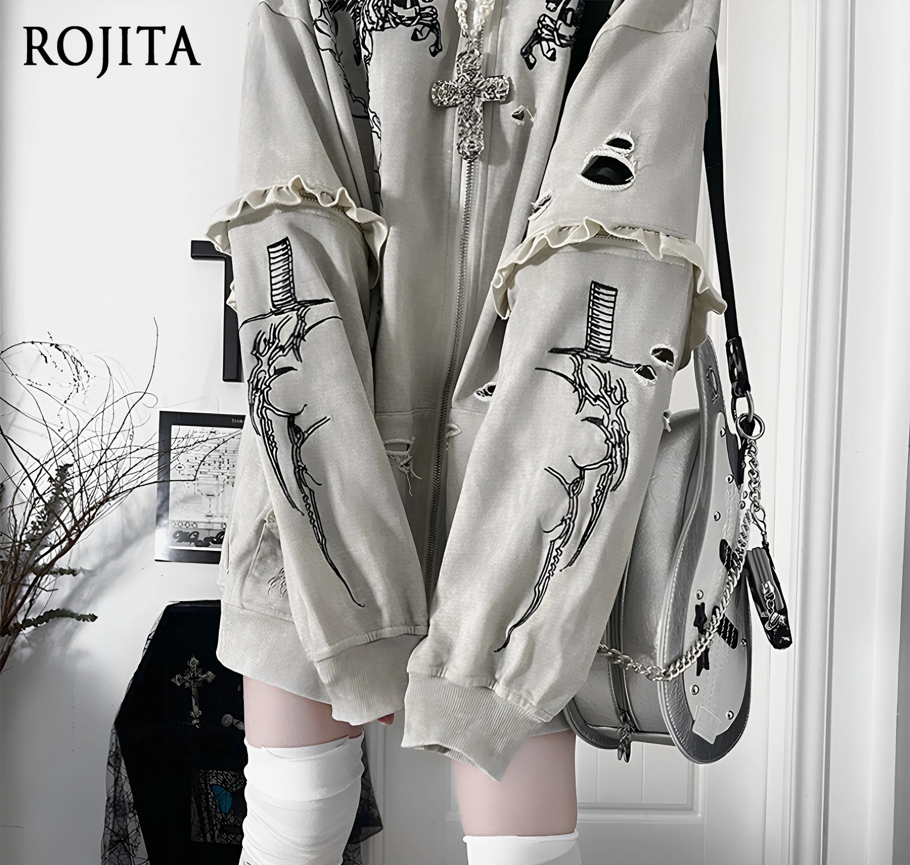 Harajuku Dark Gothic Winged Horse Print Hooded Coat Women Ruffle Edge Zipper Distressed Street Sweatshirt No Accessories