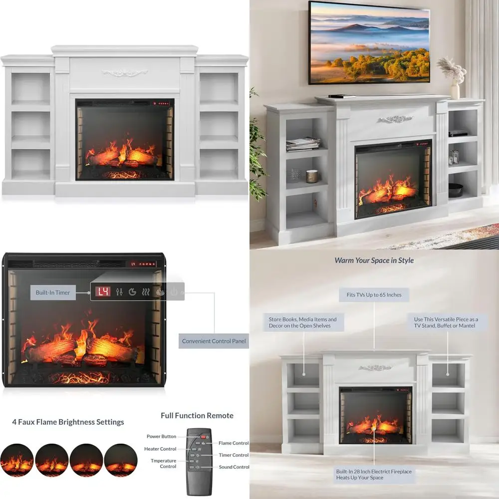 70 Soporte para TV con chimenea eléctrica con calentador, centro multimedia para televisores de hasta 68, bajo consumo