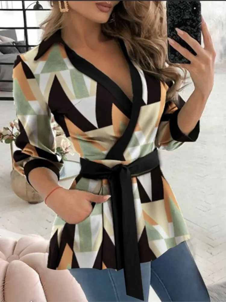 Autumn Long Sleeve Print Belt Shirt For Women New Sexy V-neck Slim Blouses And Tops 2024 Office Ladies Shirts Elegant Clothing