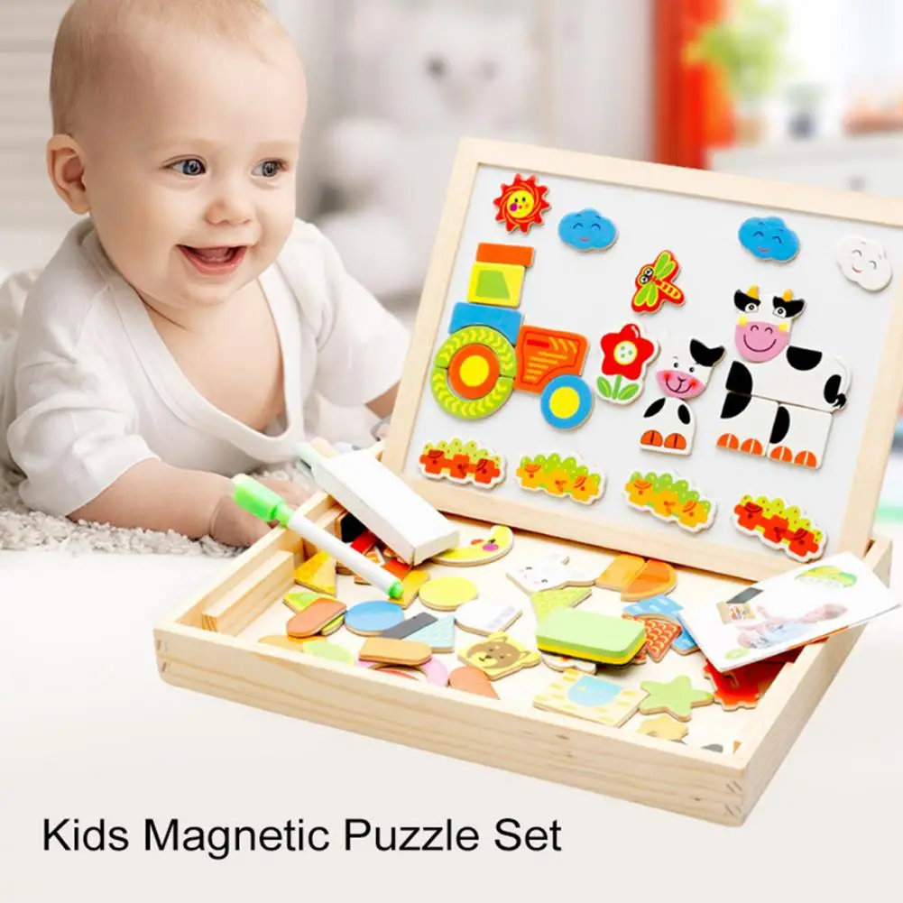 2-in-1 Magnetic Puzzle Educational Wooden Magnetic Puzzle Board for Kids Double-sided Drawing Tablet with Learning Matching Toy