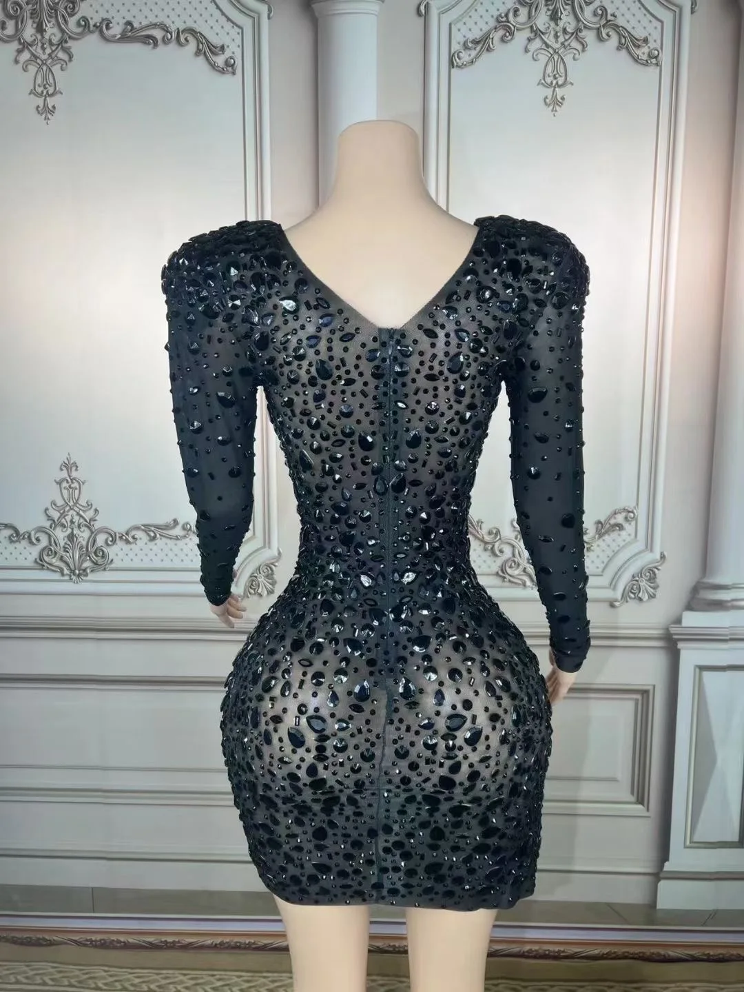 Black Gauze Shining Rhinestones Long Sleeves Sexy Asymmetrical Sheath Dress For Women Prom Dance Clothing Nightclub Costumes