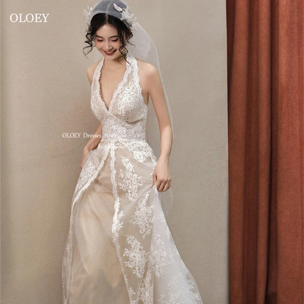 OLOEY Elegant Korea Wedding Dresses Photo Shoot Floor Length A Line Bridal Gowns Tulle Sleeveless Lace Up Back Free Custom