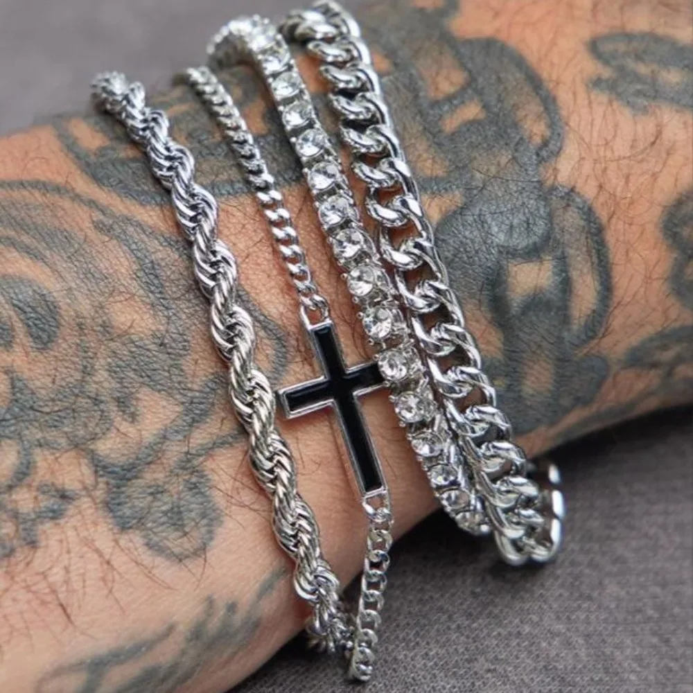 Stainless Steel Cross Chain  4pcs Bracelet Set for Men Women Punk Hiphop Minimalist Zircon Bracelets Daily Wear Party Jewelry