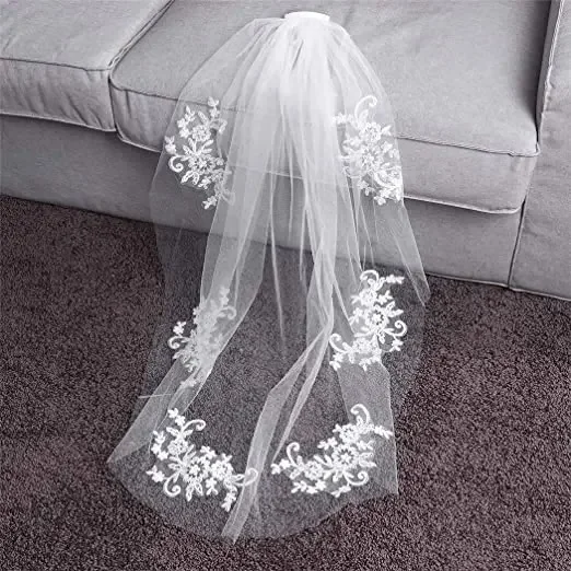 Voile de mariée perlé pour patients de mariage avec peigne, appliques en dentelle à 1 niveau