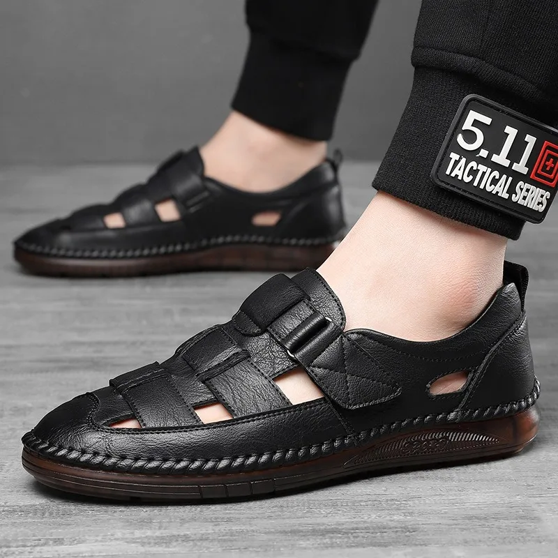 Summer Hollow Flat Head Roman Style Men\'s Sandals Designer New Fashion Slip-on Soft Leather Casual Outdoor Walk Men\'s Shoes