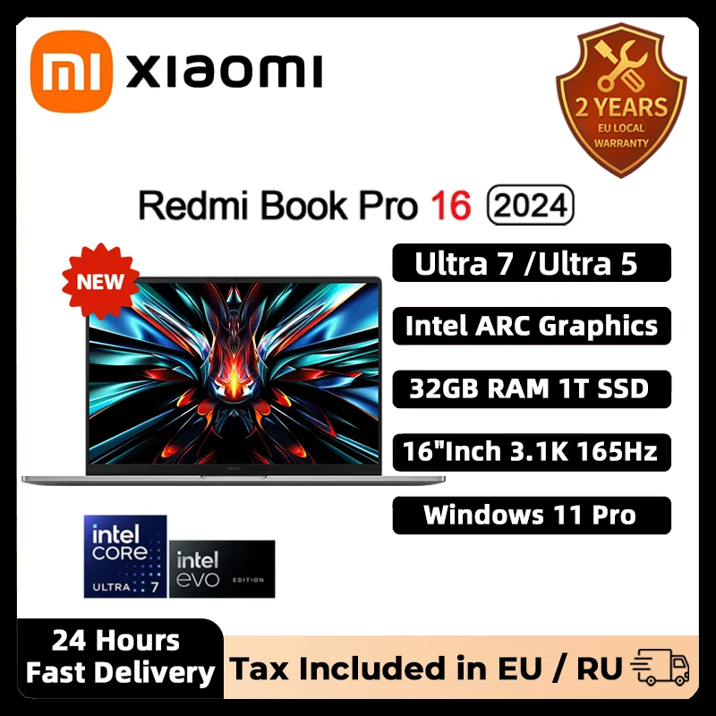 XIAOMI Redmi Book Pro 16 2024 Ноутбук Intel Ultra5 125H 7 155H RAM 32 ГБ SSD 1 ТБ 16 дюймов 3,1 К 165 Гц Ноутбук Ультрабук Компьютер ПК