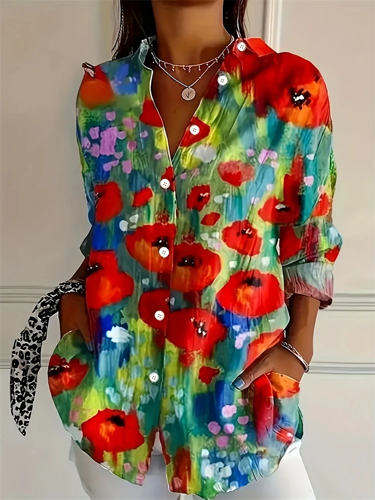 2025 Autumn Women's Casual Long Sleeve Shirt Beautiful Flower Print Travel Lapel T Shirt Elegant Single Breasted Tops Long Shirt