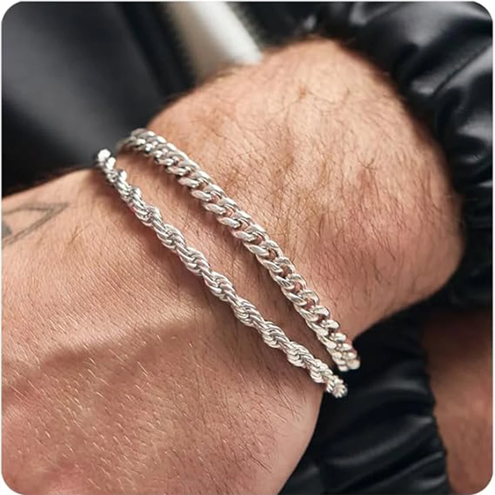 1 or 2 Pcs Chain Bracelet for Men 925 Sterling Silver Stainless Steel Bracelets Rope Cuban Link Bracelet Set for Men Dad Husband