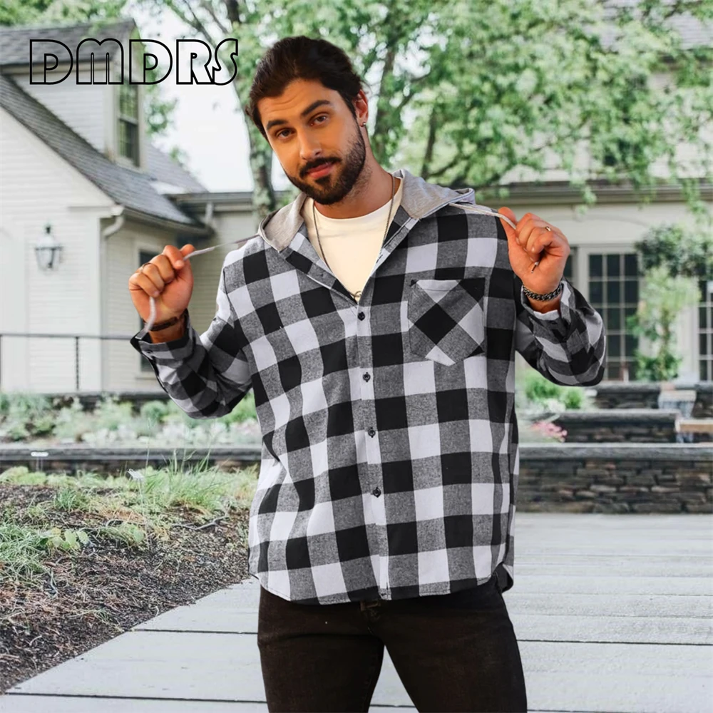 DMDRS - Men's Plaid Hoodie Shirt Jacket Long Sleeve Casual Flannel Button Shirts Autumn Plus Size Big Man Jacket Hot Dealing