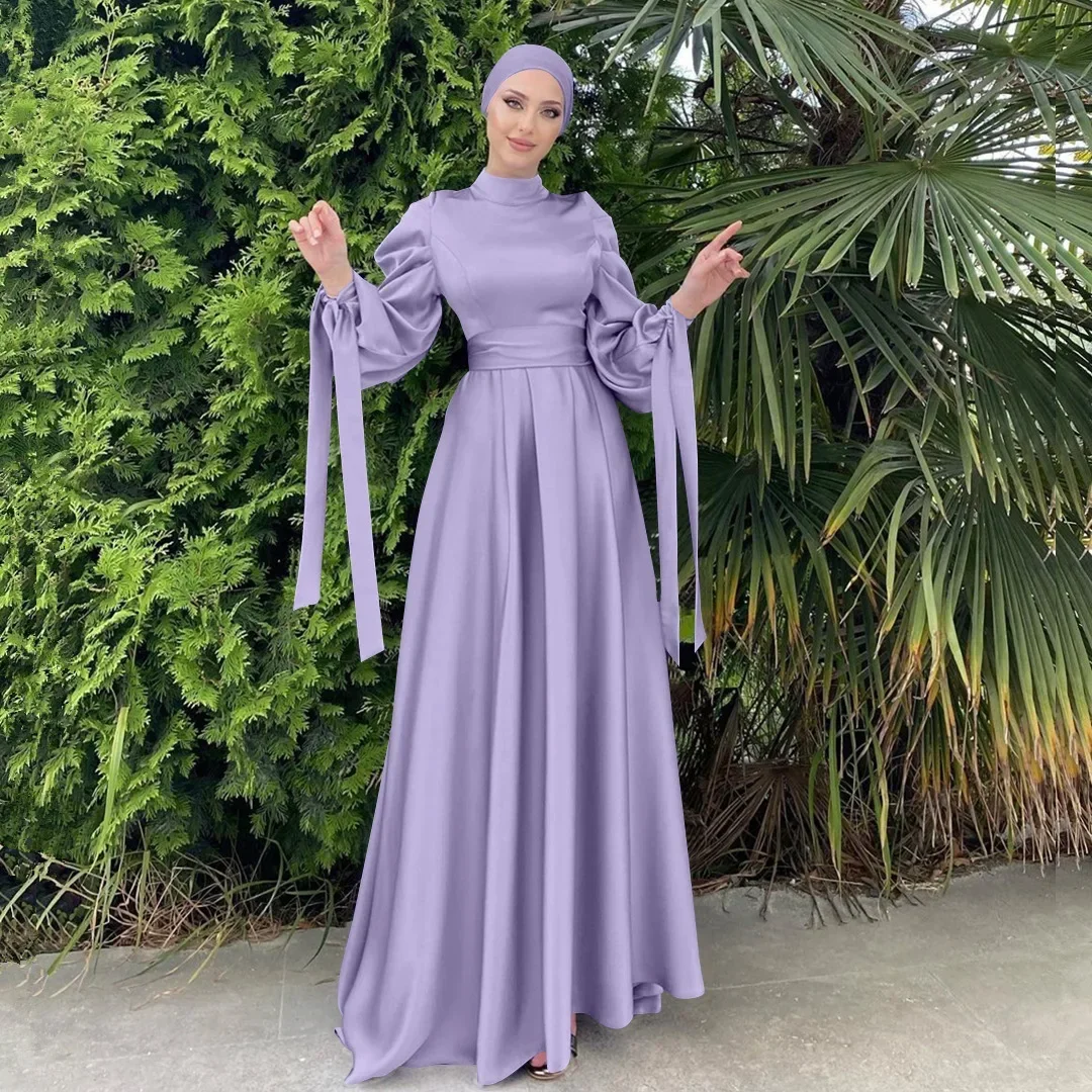 Muslim Fashion Women Islamic Satin Dress Hijab Arabic Pleated Abaya Dubai Balloon Sleeve with Ribbon Eid Evening Turkish Dresses