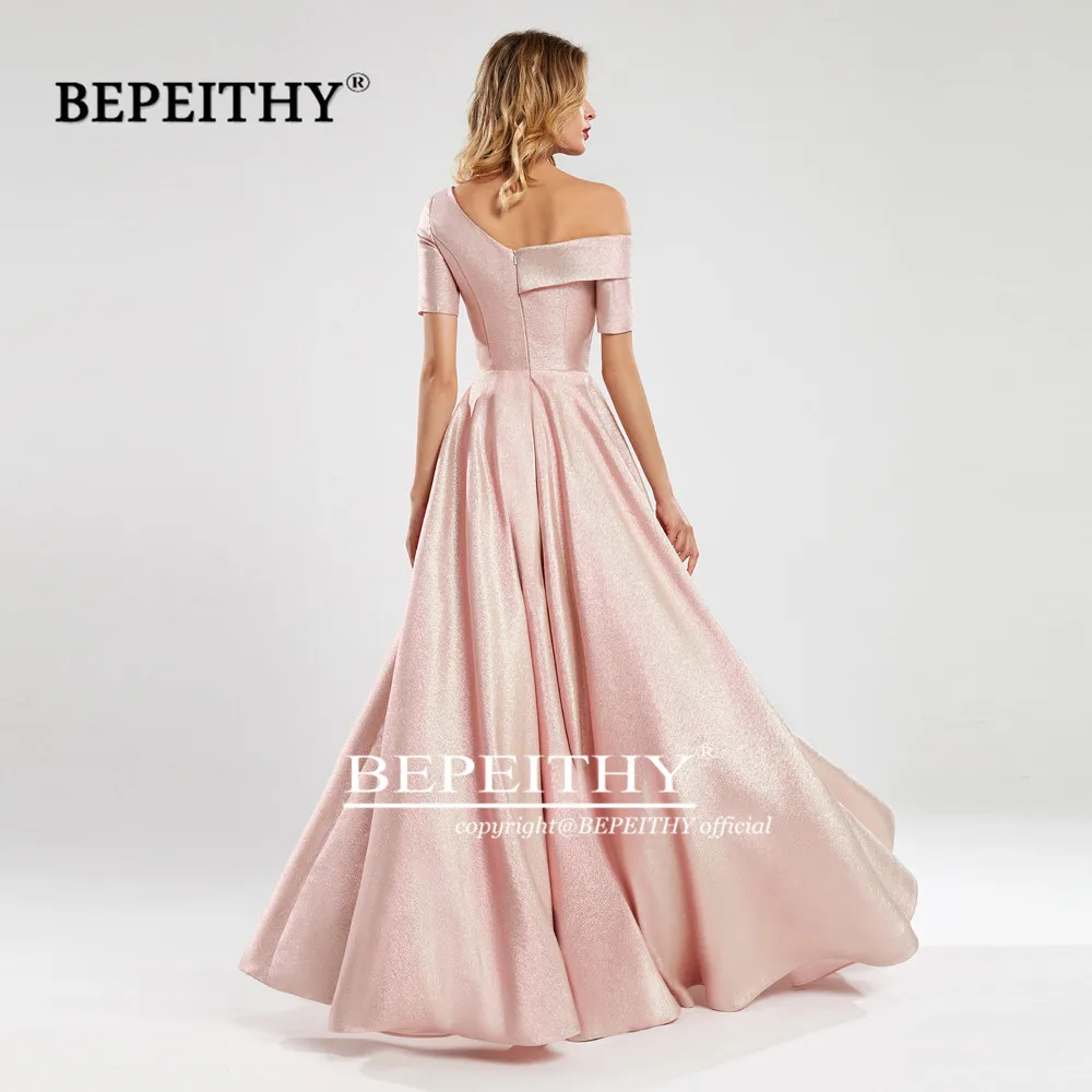 BEPEITHY Customized One Shoulder Short Sleeves Long Evening Dresses Pink Glitter Prom Dress 2023 Vestido De Fiesta De Boda