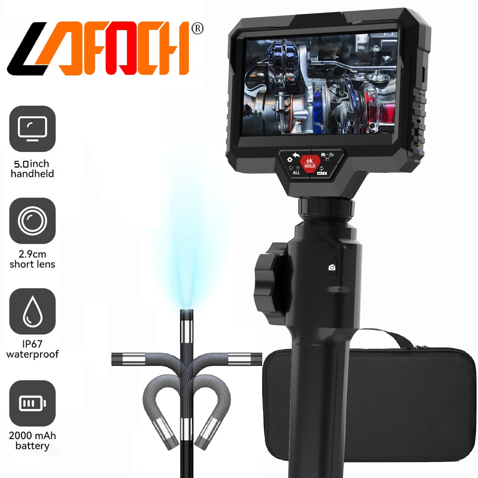 

5.0 Screen Industrial Endoscope Camera 360° Steering Lens Pipeline Car Engine Inspection Endoscope